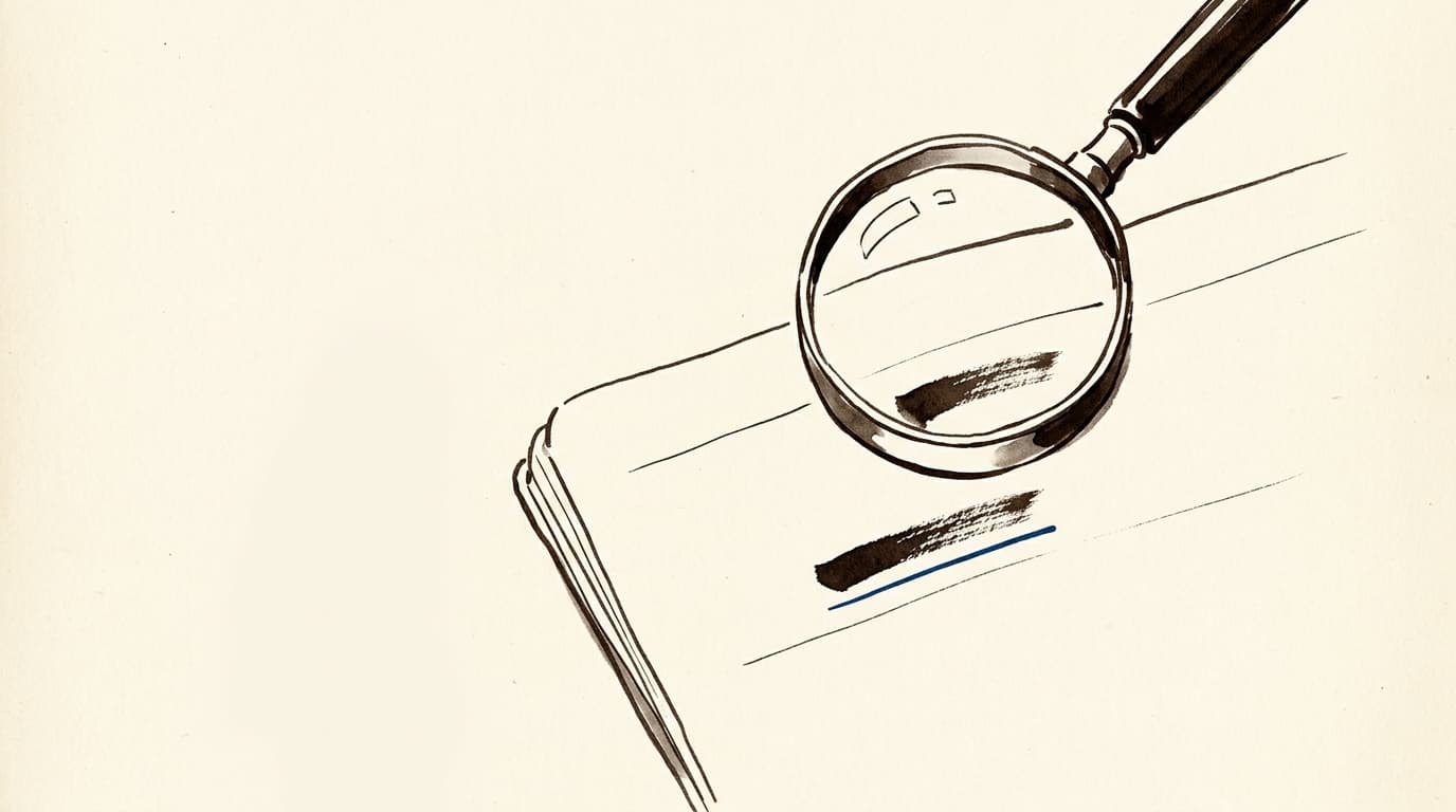 Hand-drawn ink sketch of a magnifying lens held above a notebook page with a single brush stroke and Yale Blue underline