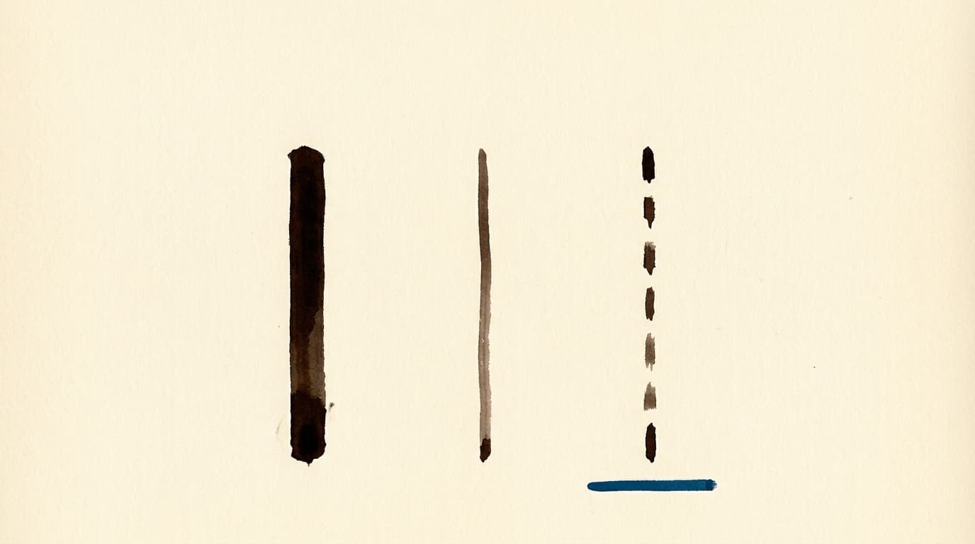 Three vertical ink columns of differing brush weights — solid, thin, dashed — with a short Yale Blue rule beneath the dashed column