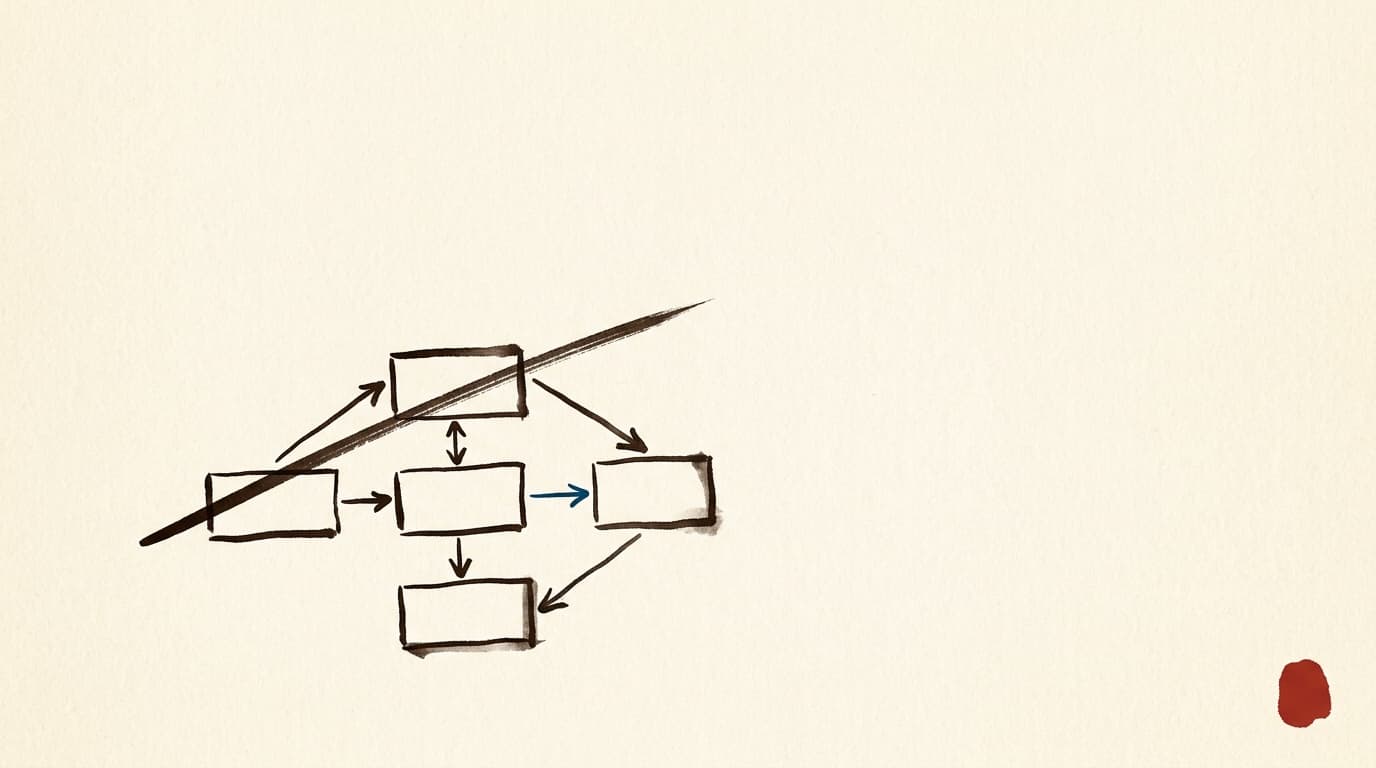 Hand-drawn ink system diagram with a single confident brush stroke struck diagonally across the upper third, leaving the lower portion intact; one arrow rendered in Yale Blue