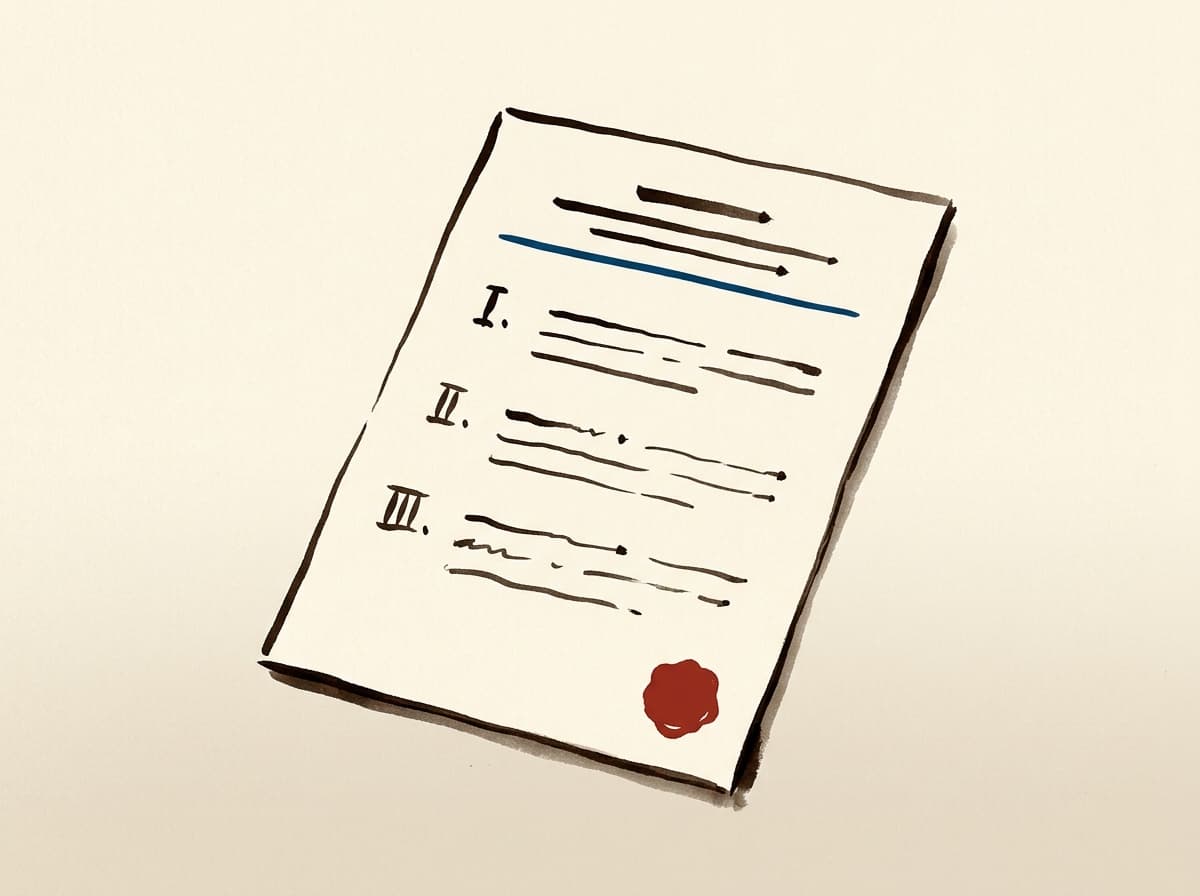 Sumi-e style ink illustration of a verdict letter on cream paper viewed at a slight angle, showing three numbered roman ink markings and a small vermilion seal at the bottom