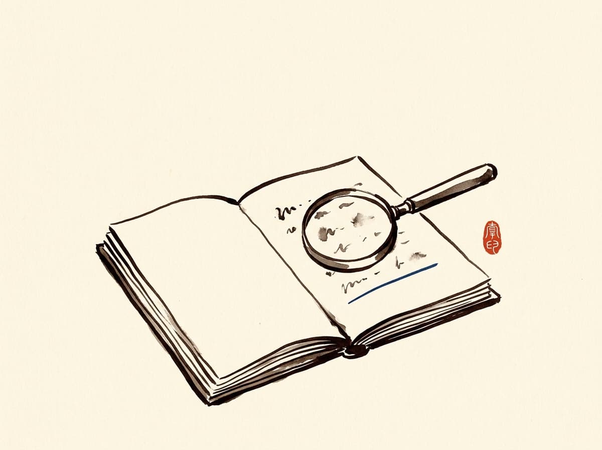 Hand-drawn ink sketch of an open notebook with a magnifying lens resting on the page, a Yale Blue underline beneath the marks, and a small vermilion seal