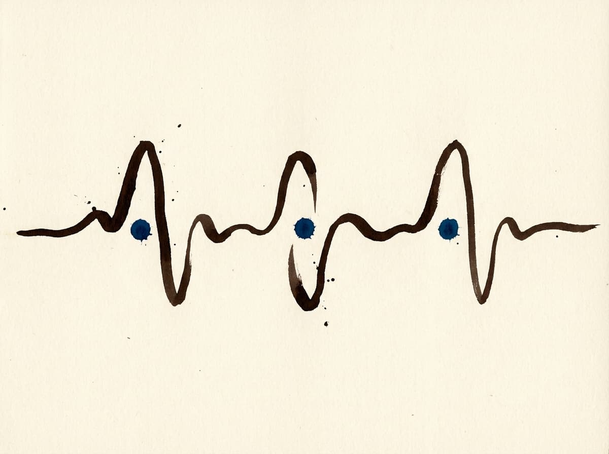 Continuous wave-like ink line drawn in a single fluid motion across cream paper, with three Yale Blue dots placed at evenly-spaced intervals along the wave